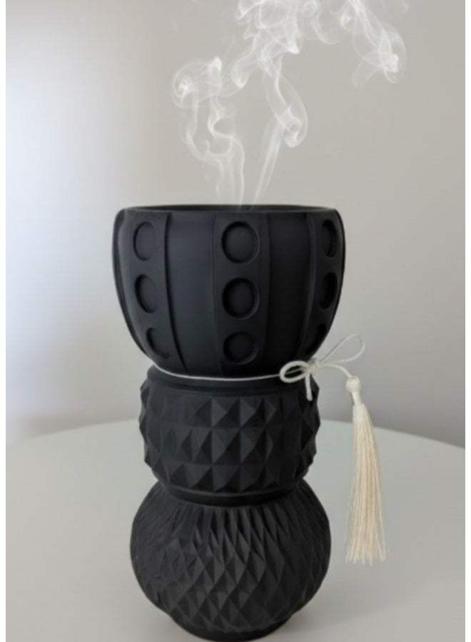 Modern Matte Black Geometric Incense Burner – Triple-Tiered Textured Oud Bakhoor Holder with Decorative Tassel - Image 3